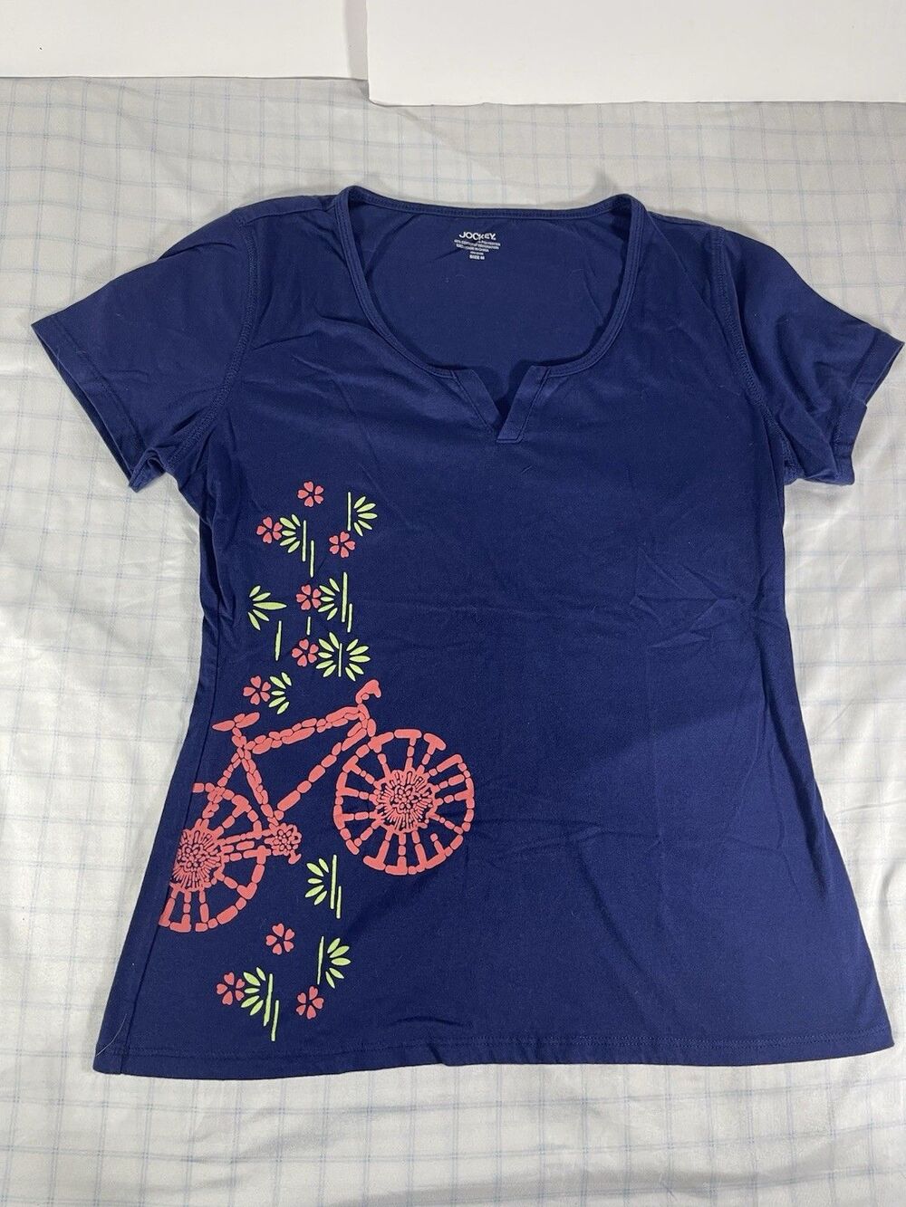 Jockey Women's Medium Blue T-Shirt Bicycle Floral Graphic Notch Neck Size M